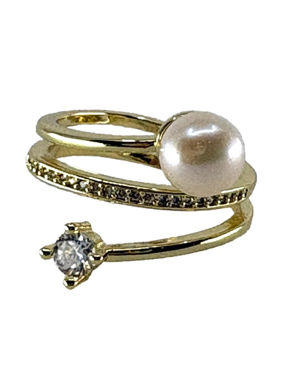 18K Gold Plated Freshwater Pearl Zircon Multi-Layer Adjustable Open Ring 3.18g